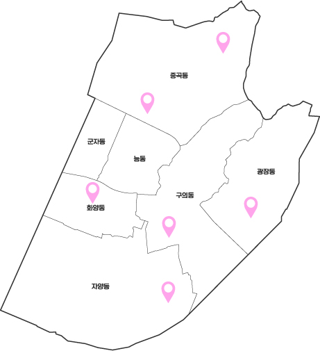 서울 광진구의 행정동 경계와 동 이름이 표시된 지도