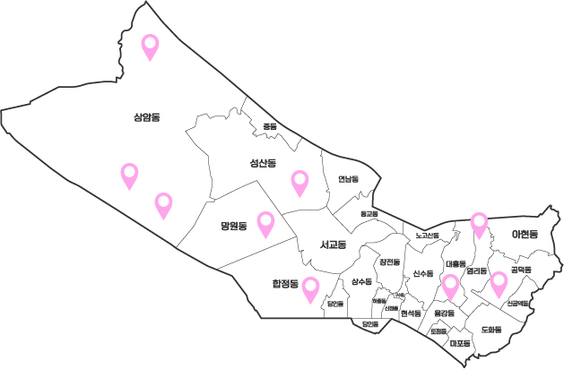 서울 마포구의 행정동 경계와 동 이름이 표시된 지도