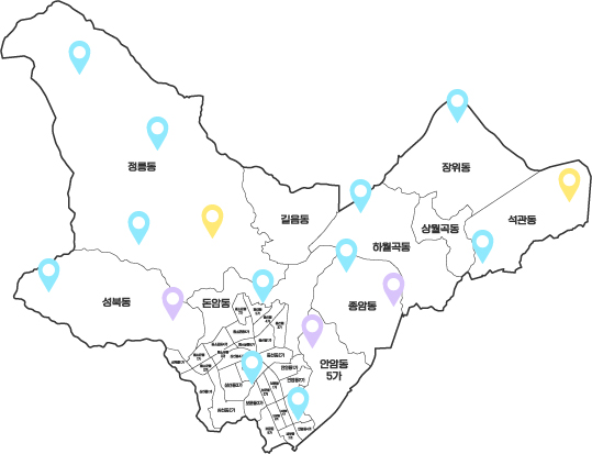 서울 성북구의 행정동 경계와 동 이름이 표시된 지도