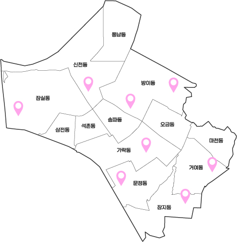 서울 송파구의 행정동 경계와 동 이름이 표시된 지도